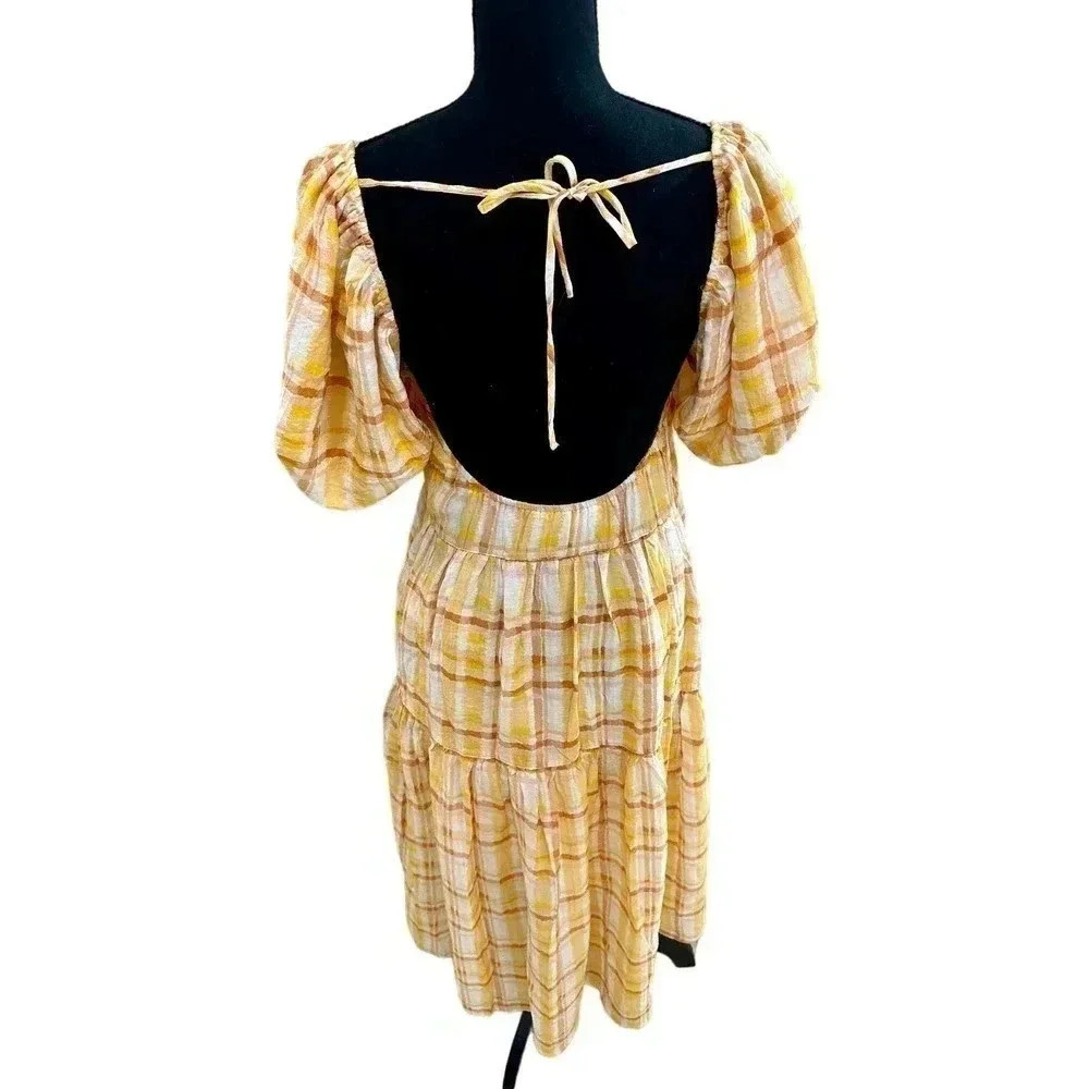 NEW- NWOT ASTR The Label Ilana Yellow Plaid Puff Sleeve Midi Dress XS XS - Picture 5 of 5
